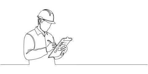 Continuous one line of a hard hat worker holding a checklist, safety inspection theme, hand drawn vector illustration.