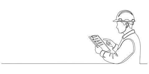 Continuous one line of a hard hat worker holding a checklist, safety inspection theme, hand drawn vector illustration.