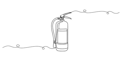 Continuous one line of a fire extinguisher, emergency response theme, hand drawn vector illustration.