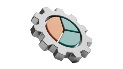 Gear with colorful segments isolated PNG on transparent background, cogwheel with orange and teal sections for data visualization and process management