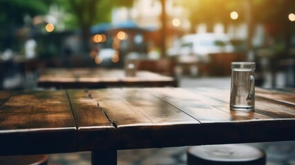 Empty wooden table on a sunny day.