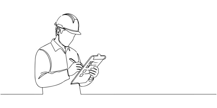 Continuous one line of a hard hat worker holding a checklist, safety inspection theme, hand drawn vector illustration.