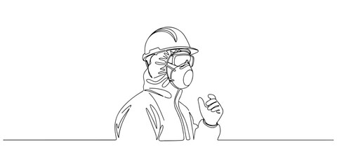 Continuous one line of a worker wearing full PPE silhouette, comprehensive protection theme, hand drawn vector illustration.