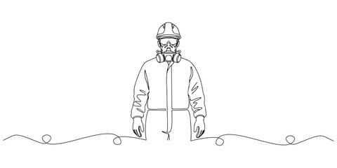 Continuous one line of a worker wearing full PPE silhouette, comprehensive protection theme, hand drawn vector illustration.