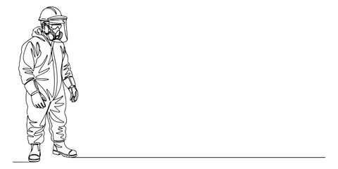 Continuous one line of a worker wearing full PPE silhouette, comprehensive protection theme, hand drawn vector illustration.