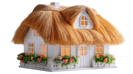 Charming Cottage with Straw Roof and Floral Decorations at Night