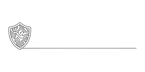 Continuous one line of a shield icon representing cyber safety at work, digital protection theme, hand drawn vector illustration.