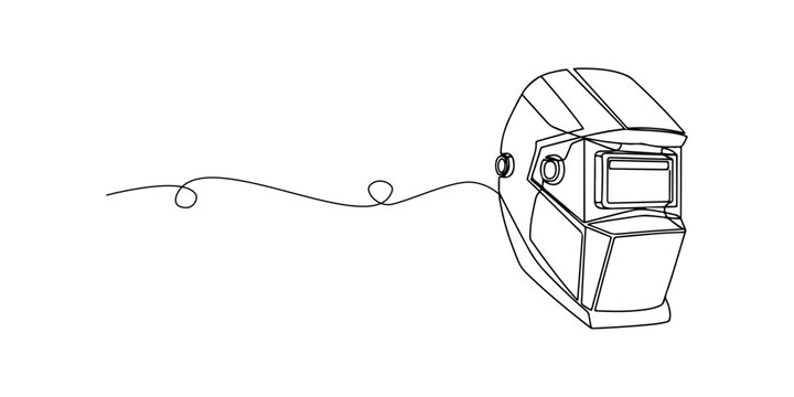 Continuous one line of a welding mask with bold geometric lines, industrial eye and face protection theme, hand drawn vector illustration.