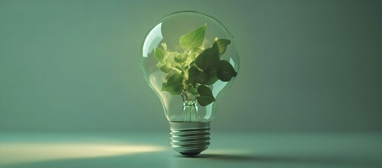 Green energy concept featuring vibrant plant life growing inside a clear glass lightbulb symbolizing sustainability and bright ecological ideas