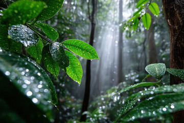 Lush green leaves with raindrops in a misty rainforest