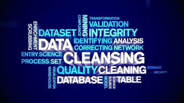 Data Cleansing animated word cloud-text design animation tag kinetic typography seamless loop.
