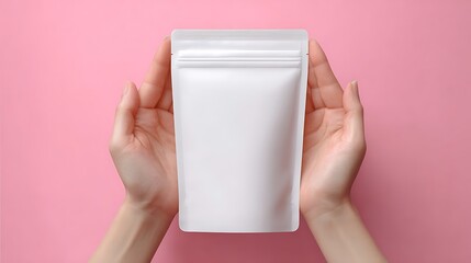 Hands Holding White Resealable Stand Up Pouch Against Pink Background.