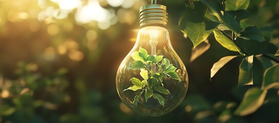 Glowing lightbulb containing vibrant green plant symbolizes sustainable energy innovation and bright ecological ideas hanging outdoors in sunlight