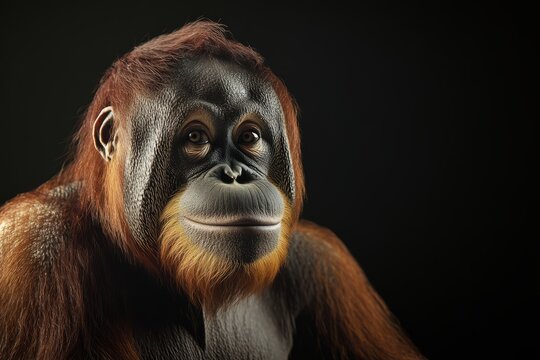 Orangutan is isolated against a deep black background