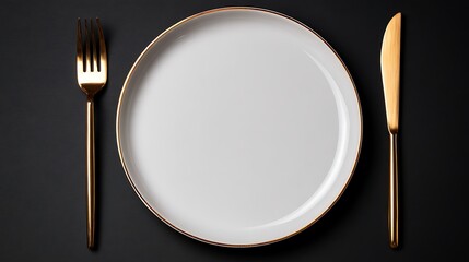 Empty White Plate with Fork and Knife on Black Background.