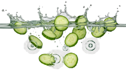 Fresh cucumber slices submerged and splashing in water, healthy hydrating food preparation