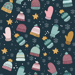 Seamless pattern with winter hats, mittens and snowflakes