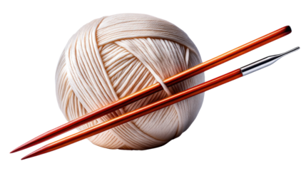 Cream Yarn Ball and Red Knitting Needles on a White Background