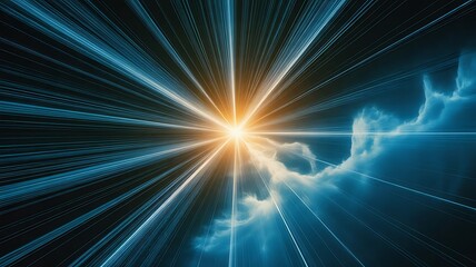 Vibrant sunburst with dynamic blue light trails in cloudy sky