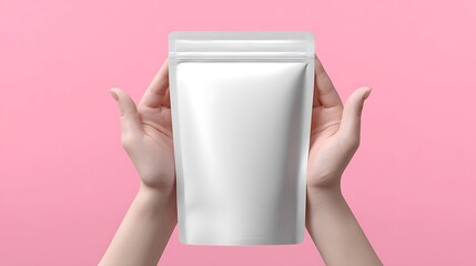 Hands Holding Blank White Packaging Pouch On Pink.