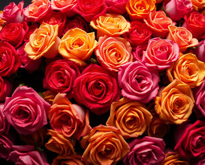 Fototapeta premium Close up of colorful roses in red orange and pink shades with green leaves