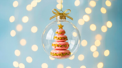 Christmas clear glass ornament with a Christmas tree made of pink sweet macarons with pistachios. Christmas concept
