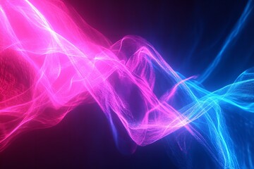Obraz premium Abstract digital wave motion featuring vibrant neon pink and bright cyan glowing particles flowing across a dark background