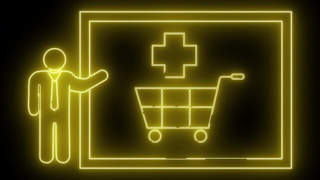 Neon business sign featuring a shopping cart and medical cross symbol. - Powered by Adobe
