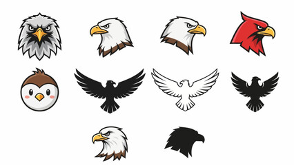 Eagle and Bird Icon Collection: A diverse collection of stylized eagle and bird icons, featuring various poses and cartoon styles, perfect for graphic design and branding elements.