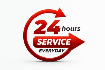 Red 24 hours service everyday emblem with circular arrow and bold text on white background