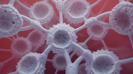 Intricate white molecular structure on red background for science concepts