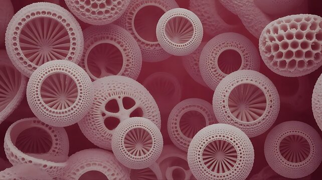 Intricate microscopic view of radiolarian skeletons in pinkish red hue
