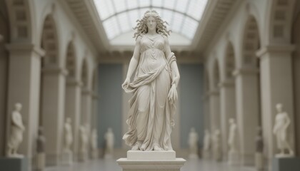 Obraz premium Elegant neoclassical marble statue of a flowing robed woman holding wheat stands on a pedestal in a bright, vaulted museum gallery
