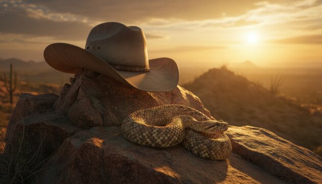Cowboy hat and coiled diamondback rattlesnake rest atop sunlit desert rocks, evoking the rugged wilderness and danger of the American Southwest