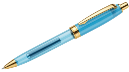 Light blue ballpoint pen isolated PNG on transparent background, elegant gold accents writing instrument for office and design