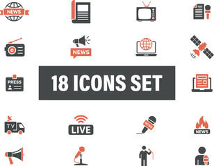 News and media communication flat icons set, broadcasting symbols. including broadcasting, 
reporting, journalism, live stream, and communication