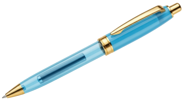 Light blue ballpoint pen isolated PNG on transparent background, elegant gold accents writing instrument for office and design - Powered by Adobe
