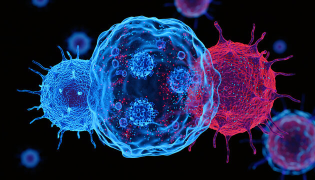 Cancer Cell and Immunotherapy - T-Cells attacking cancer cells in photorealistic microscopic immunotherapy illustration