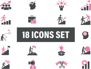 Business progress, success, and achievement flat icon set design. Including progress, 
goal achievement, success, teamwork, innovation, and financial growth