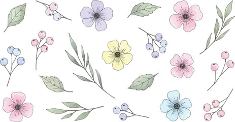 Delicate floral arrangement with berries and leaves on transparent background