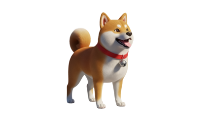 Adorable Shiba Inu cartoon character PNG isolated, happy dog with red collar on transparent background, pet animal for design