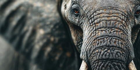 Close-up portrait of an African elephant with piercing eyes and textured skin, showcasing its majestic presence in its natural habitat