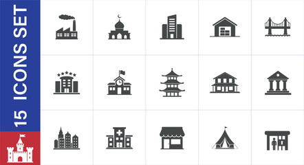 Collection of diverse building and structure silhouette icons. including factory, mosque, hotel, 
school, bridge, hospital, store, tent, pagoda, house. Solid icon set