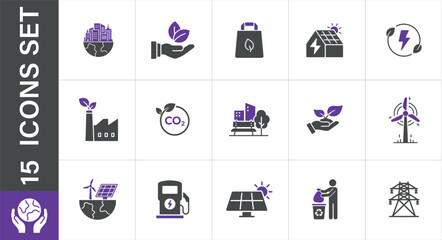 Sustainable environment, renewable energy & ecology icons set. Set of eco-friendly icons. 
Includes solar power, wind turbines, recycling, and green city concepts
