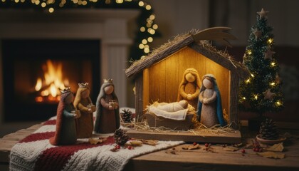 Handcrafted Christmas nativity scene with soft-colored, fabric-wrapped figures depicting the holy family and three wise men, illuminated by a warm glow in a cozy room by a fireplace.