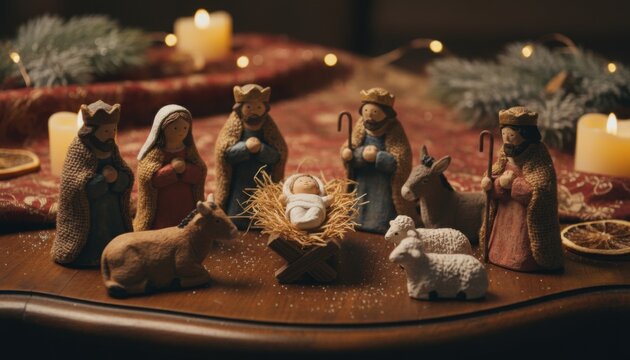 Miniature clay and fabric nativity scene features the holy family, three wise men, sheep, a donkey, and scattered snow on a dark wooden table. Three Kings Day or Dia de los Reyes Magos