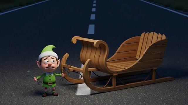 Worried christmas elf standing next to wooden sleigh on dark road