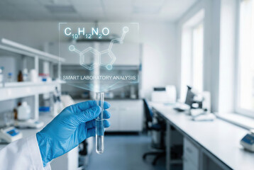 Researcher hand holding test tube with digital holographic chemical formula overlay, smart laboratory and science concept