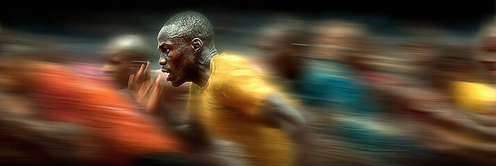 Professional athlete running a race with intense focus and speed on a blurred background