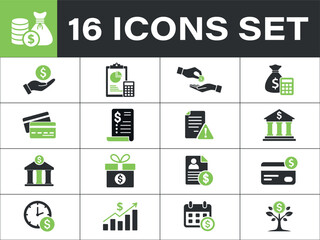 Financial icons set for business, banking, and investment concepts. Including business, banking, 
credit card, money, investment, growth, savings, analytics, chart, calculator, bank